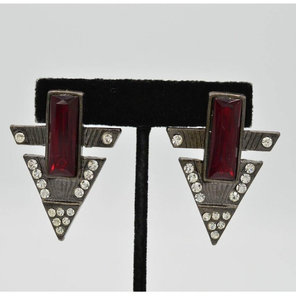 Vintage Crystal Clip On Earrings Chunky Gunmetal Rhinestone Red NOS 1980s BinAB
